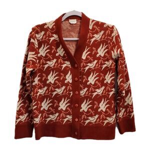 Vintage Camela Cardigan Sweater Orange Dove Bird Print Button Up Small